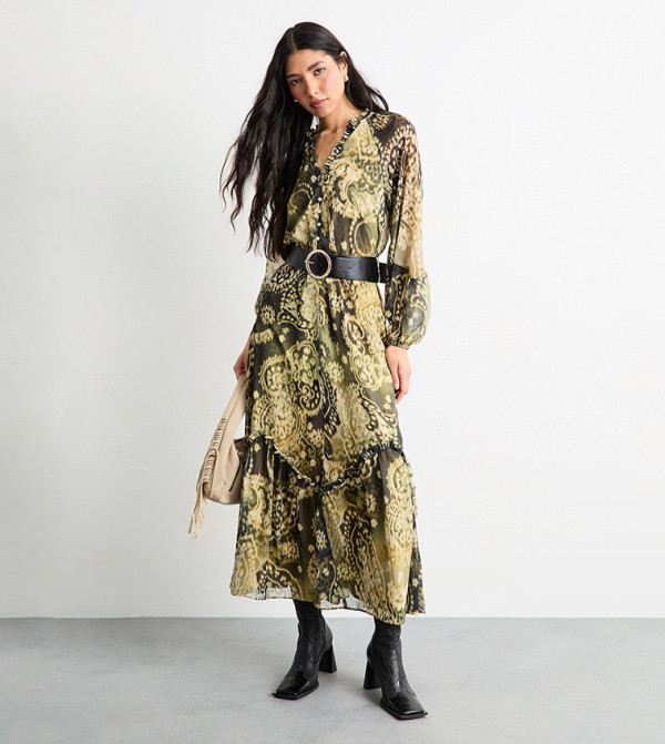 Printed Ruffle Detail Belted Maxi Dress