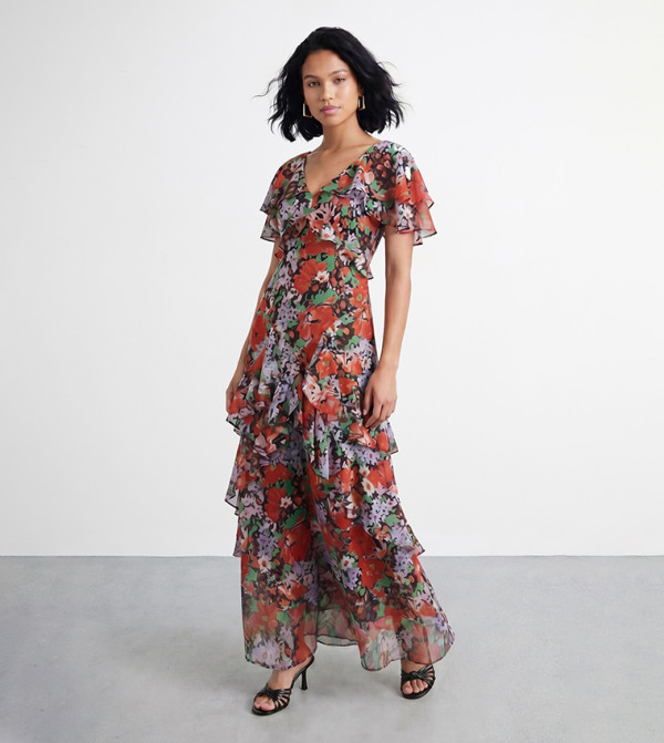 Petite Flutter Sleeves Floral Print Frill Detail Maxi Dress