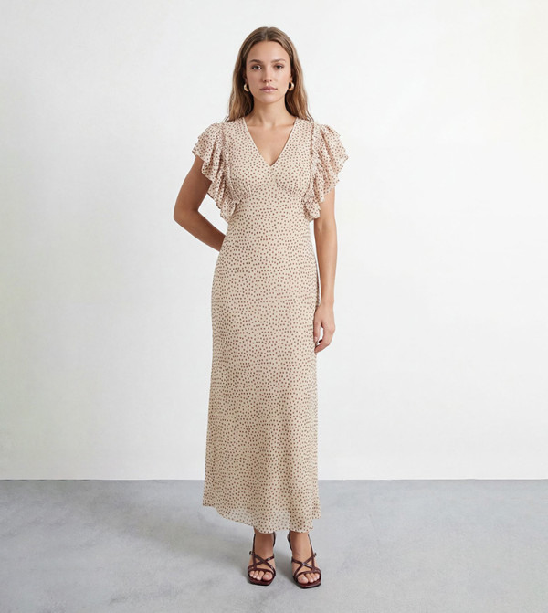 فستان ماكسي منقط بكم مكشكش وقبة V للمقاسات الصغيرة