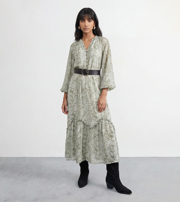 Petite Snake Print Ruffle Detail Belted Midi Dress