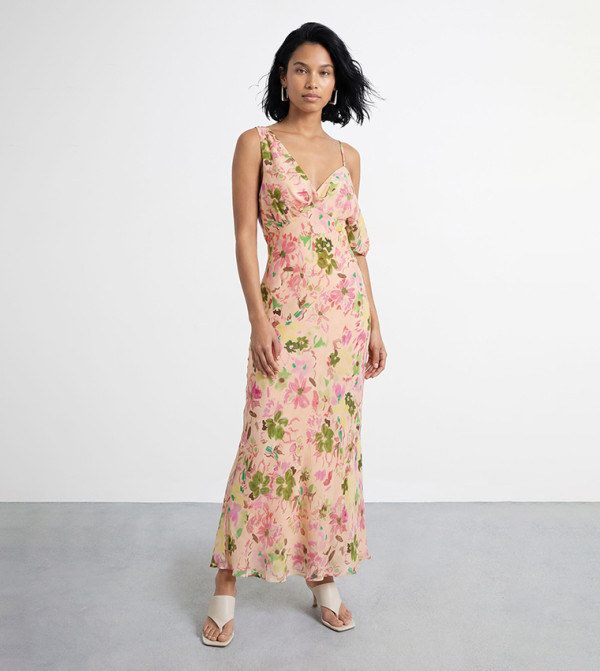 Twist Bodice Off Shoulder Floral Print Maxi Dress