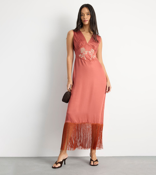 Embroidered and Pintuck Detail Midi Dress with Fringing