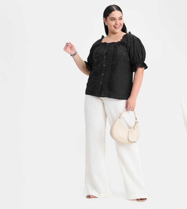 Embroidered Cotton Puff Sleeves Lace Top