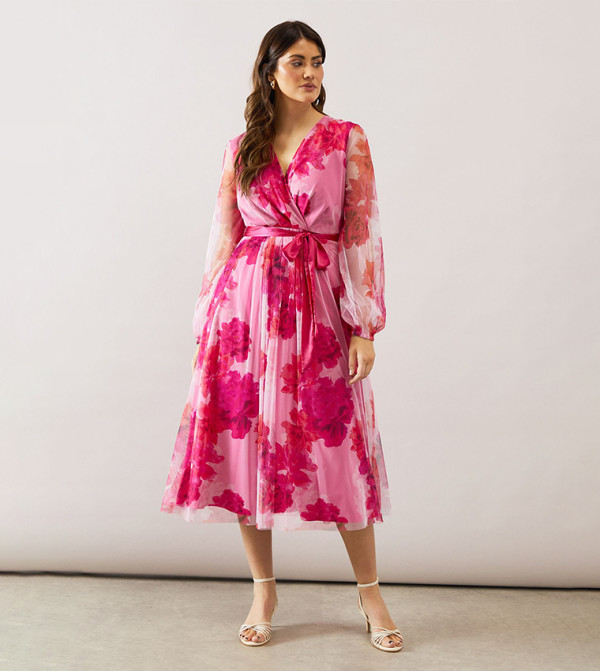 Floral Mesh Satin Tie Midi Dress