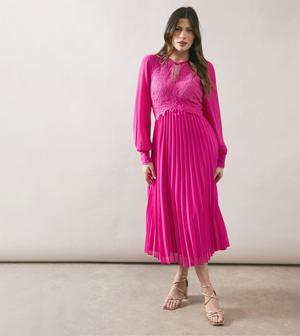 Lace Insert Pleated Midi Dress