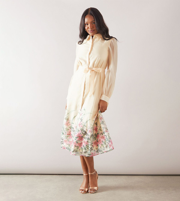 Floral Printed Organza Belted Shirt Dress