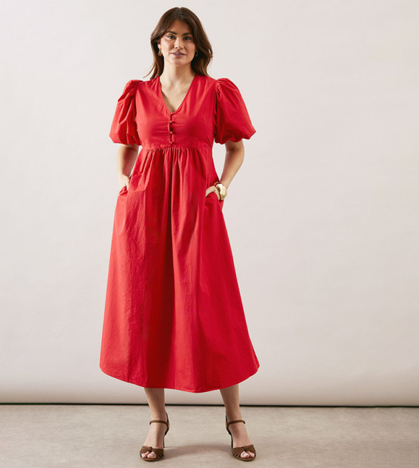 فستان ميدي بوبلين بأزرار  