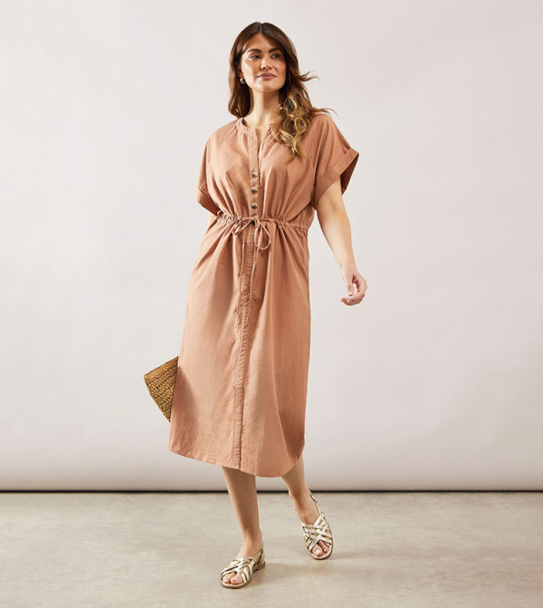 Linen Mix Button Drawstring Midi Dress