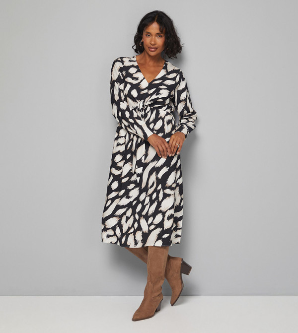 Animal Printed Viscose Tie Front Midi Dress