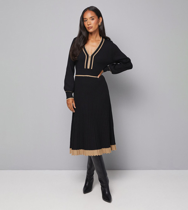 Zip Front Pleated Knitted Midi Dress