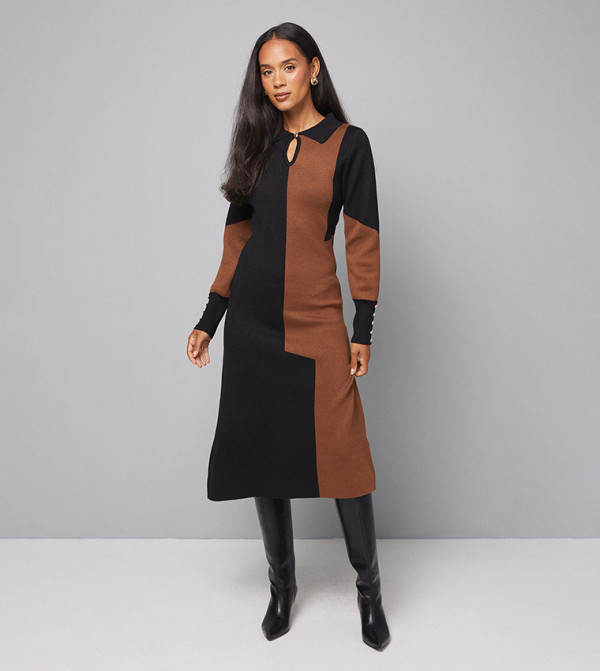 Color Block Long Sleeves Midi Dress