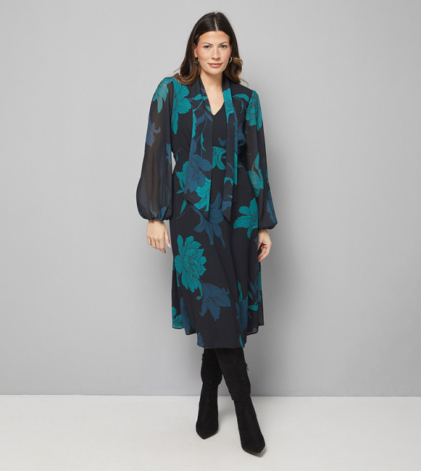 Floral Printed Tie Neck Midi Dress