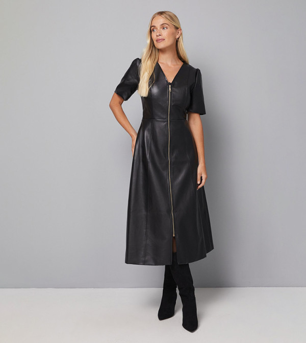 Petite Faux Leather Zip Midi Dress
