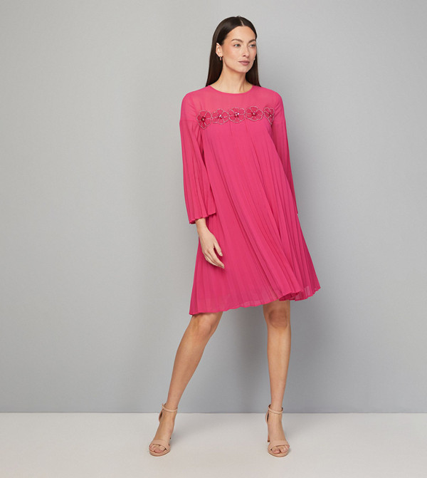 Pleated Floral Trim Shift Dress