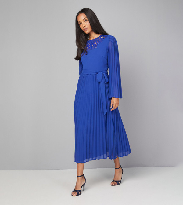 Pleated Floral Trim Midi Dress