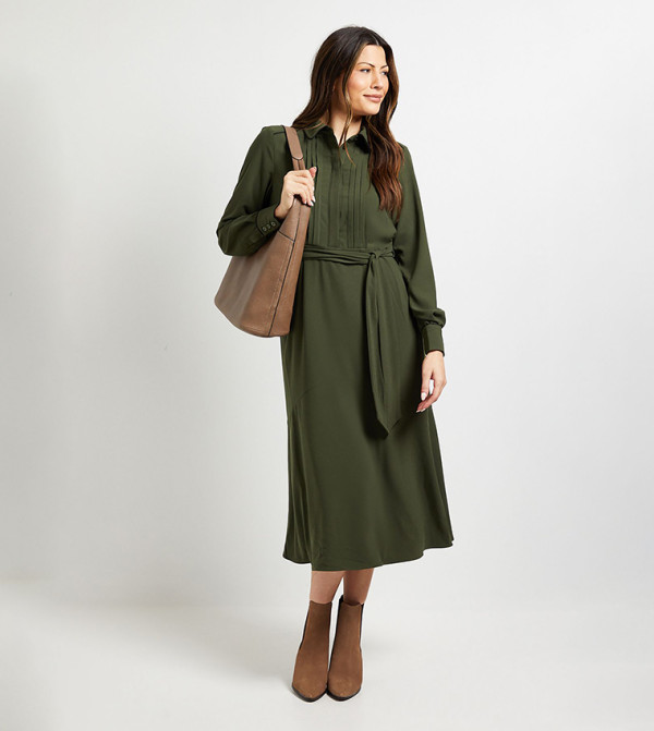 Pintuck Detail Midi Shirt Dress