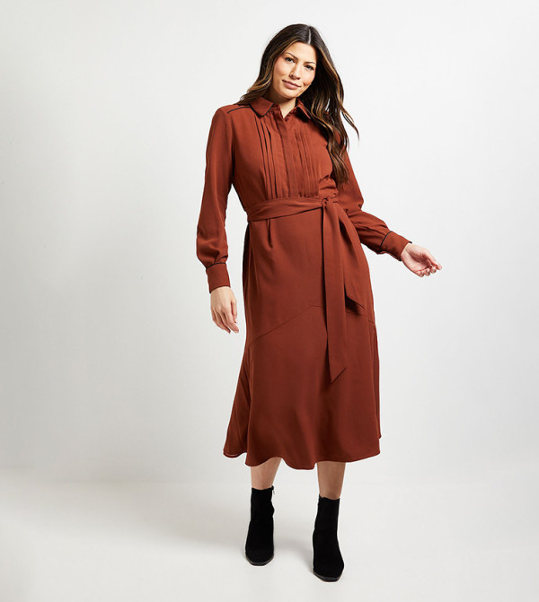 Pintuck Detail Midi Shirt Dress