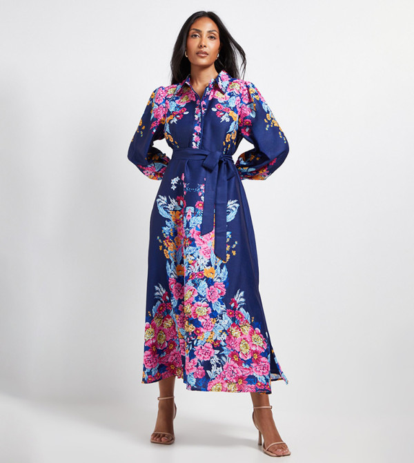 Petite Floral Western Belted Midi Shirt Dress