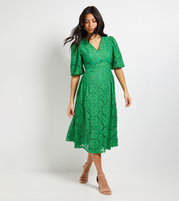 Lace Puff Sleeves Midi Dress