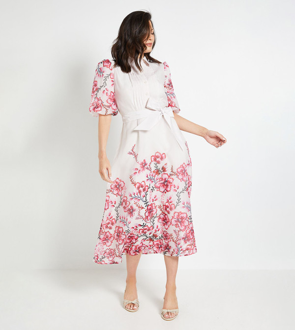 Floral Printed Organza Pintuck Midi Shirt Dress