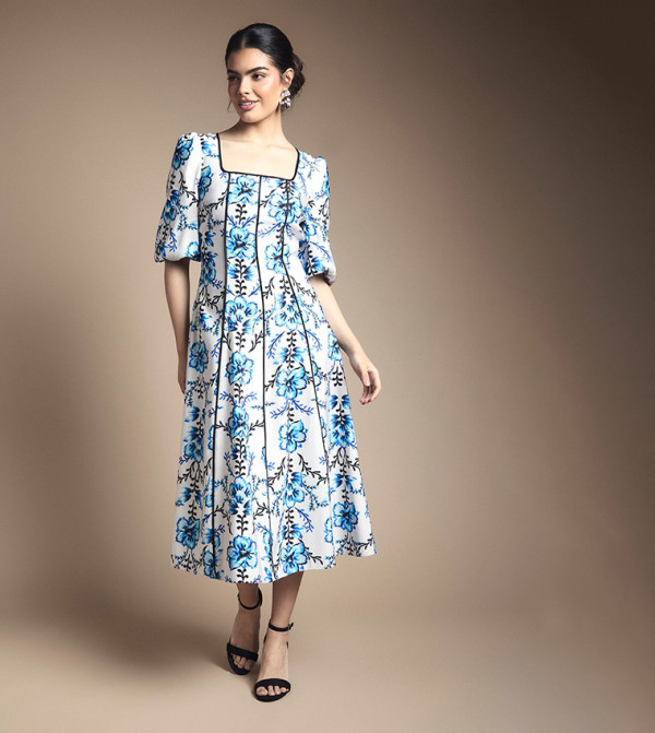 Floral Print Contrast Ottoman Twill Midi Dress