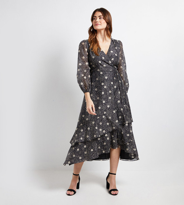 Polka Dots Ruffle Wrap Midi Dress