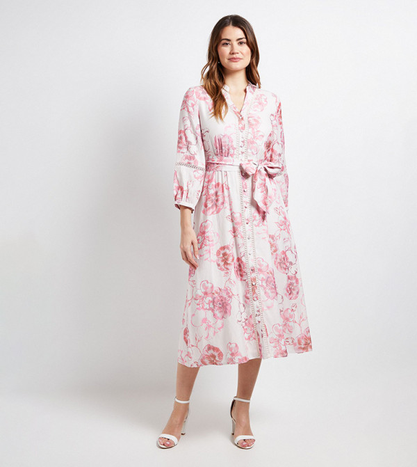 Floral Print Lace Insert Collarless Midi Shirt Dress