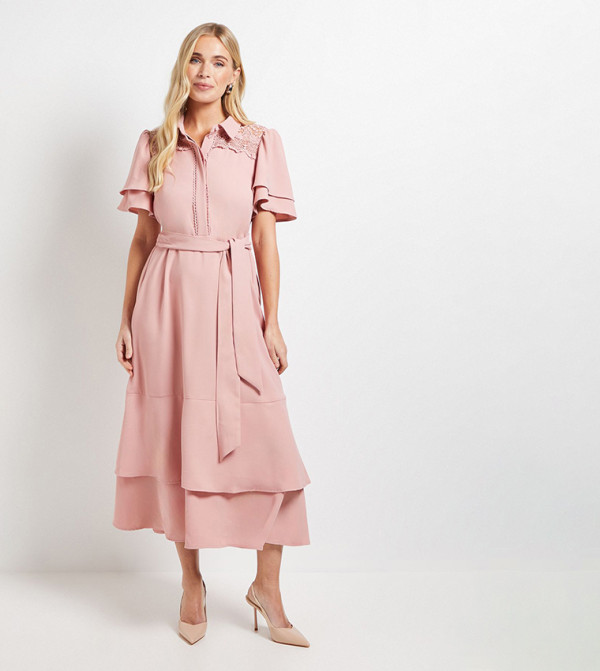 Petite Lace Insert Ruffle Sleeves Midi Dress