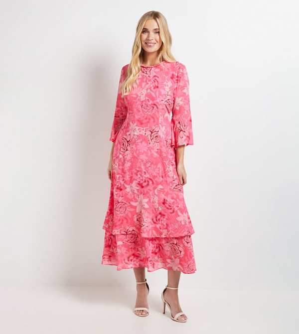 Petite Floral Printed 3/4 Sleeves Midi Dress