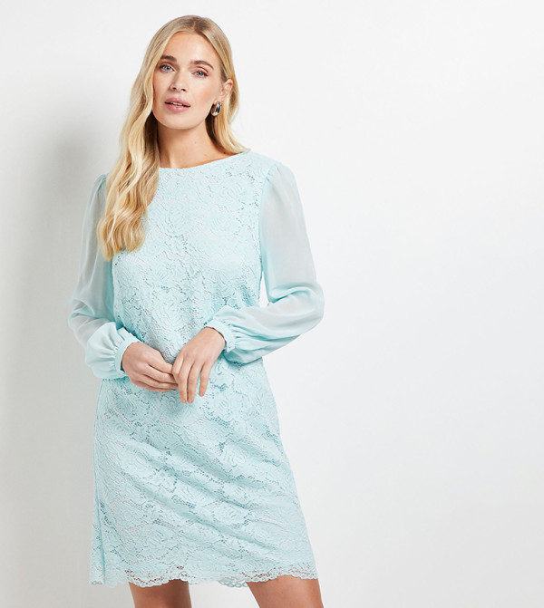 Petite Lace Chiffon Cowl Back Shift Mini Dress