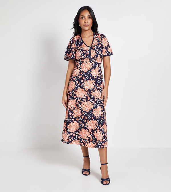 Petite Printed Flared Sleeves Midi Dress
