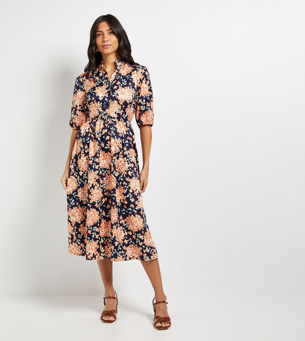 Floral Print Puff Sleeves Pintuck Midi Dress