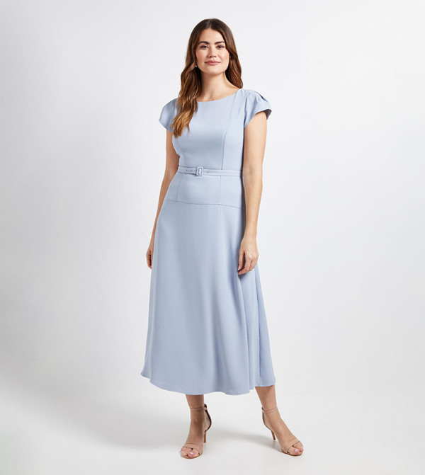 Crepe Belted Cap Sleeves Midi Dress