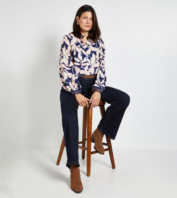 قميص كم طويل بطبعة ورود