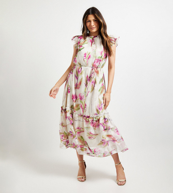 Floral Print Burn Out Ruffle Midi Dress