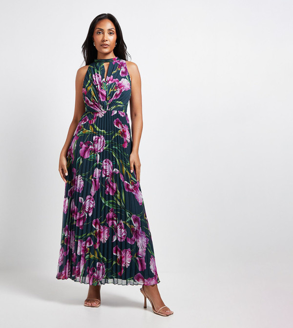 Petite Floral Print Pleated Maxi Dress