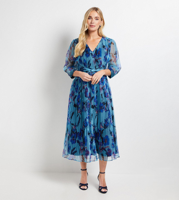 Petite Mesh Pleated Twist Waist Midi Dress