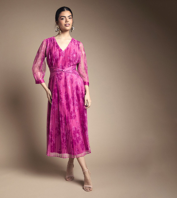 Mesh Pleated Twist Waist Midi Dress