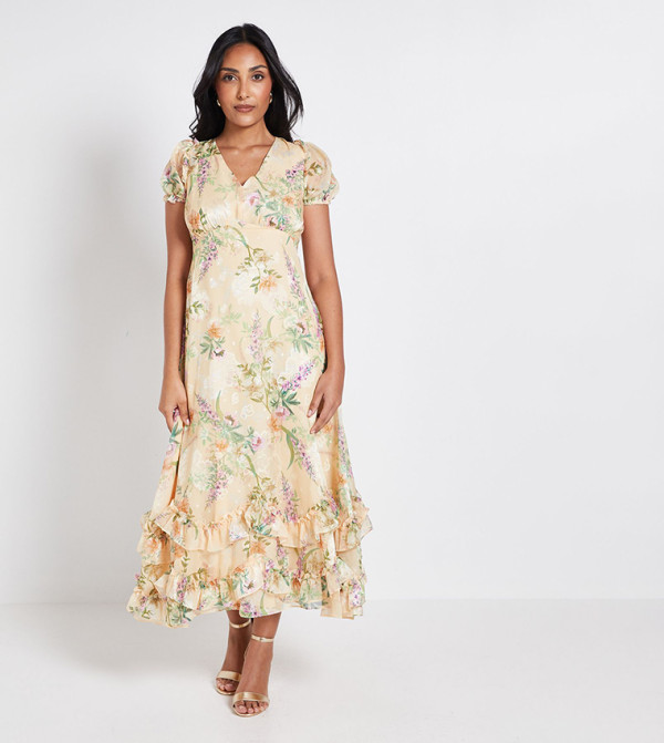 Petite Floral Print Satin Ruffle Hem Midaxi Dress