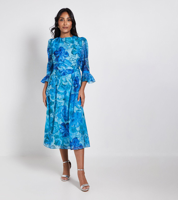 فستان ميدي كم فلوت بطبعة الورود للمقاسات الصغيرة