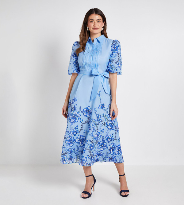 Floral Printed Organza Pintuck Midi Shirt Dress