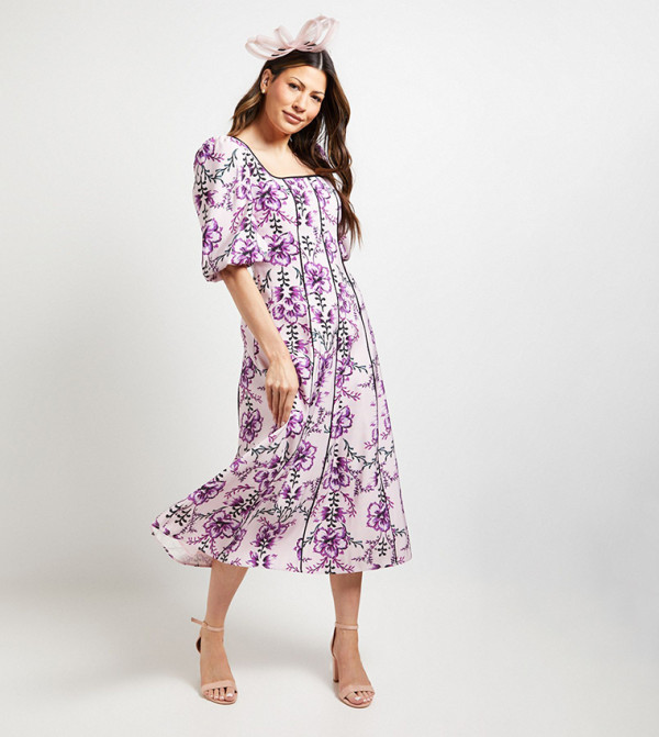 Floral Print Contrast Ottoman Twill Midi Dress