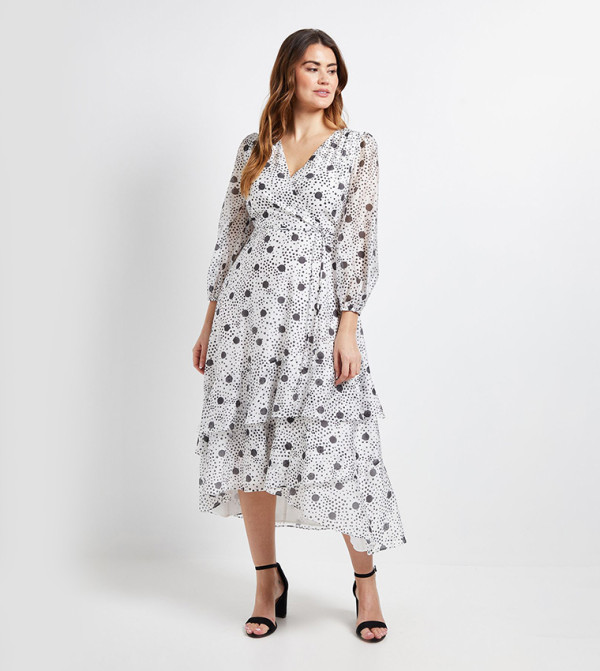 Polka Dots Ruffle Wrap Midi Dress