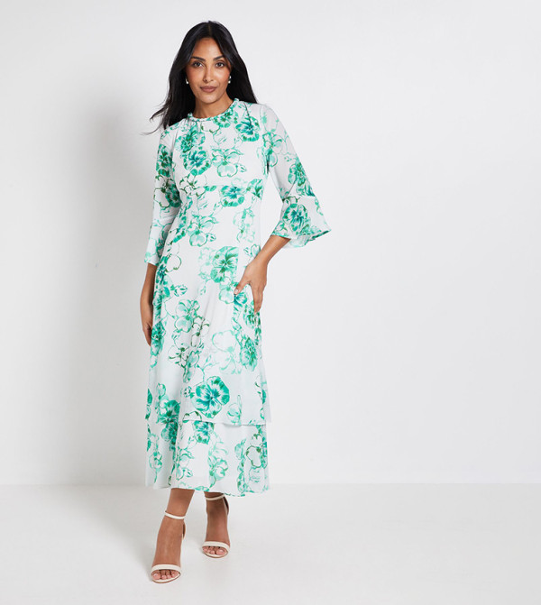 فستان ميدي بقبة وطبعة الورود للمقاسات الصغيرة