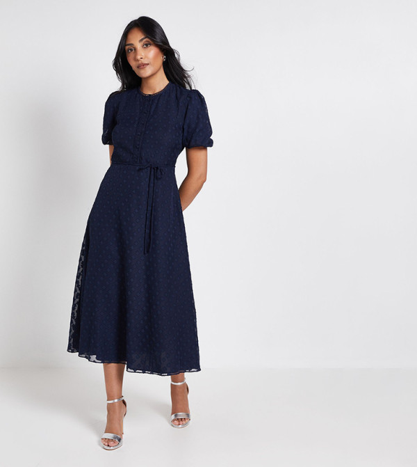 Petite 3D Floral Button Midi Dress