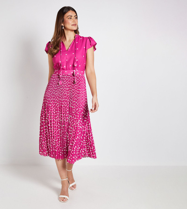 Polka Dots Ruffle Neck Pleated Midi Dress