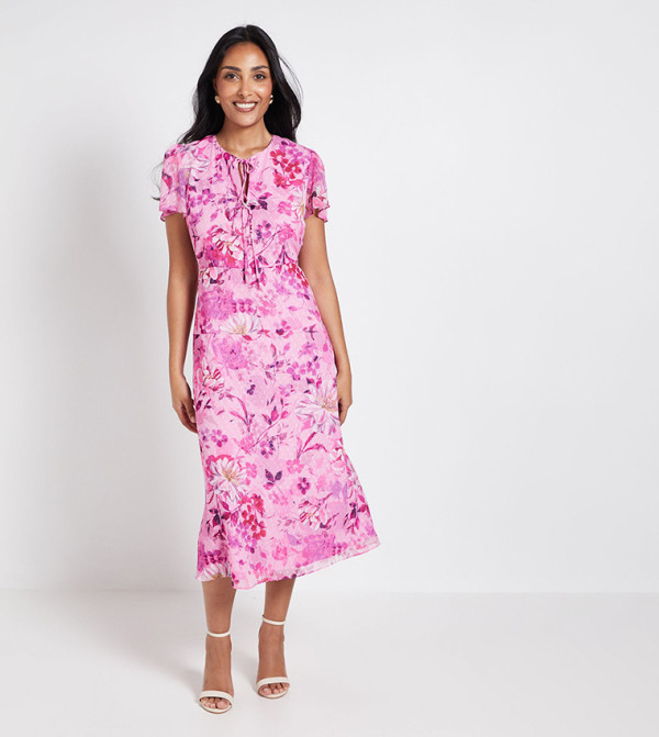 Petite Floral Print Dobby Tie Front Midi Dress