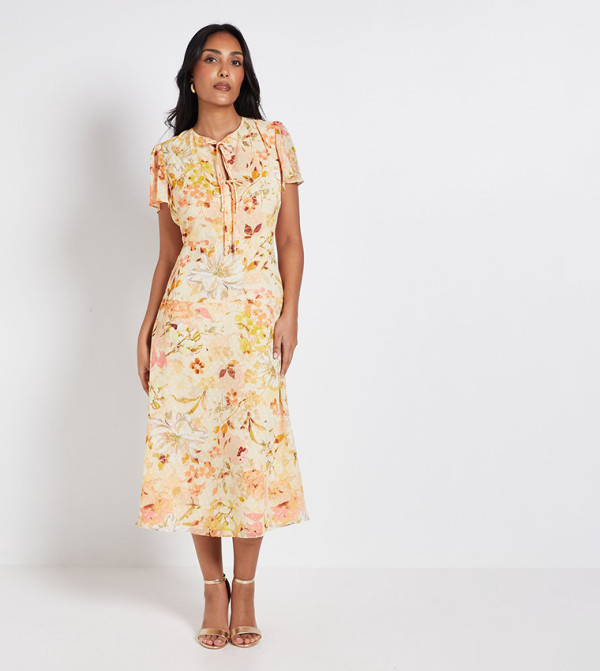 Petite Floral Print Dobby Tie Front Midi Dress