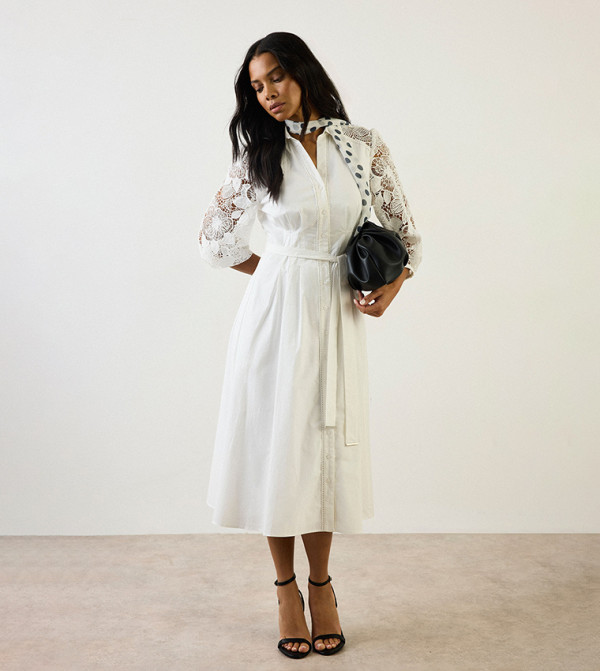 Cotton Lace Belted Shirt Dress