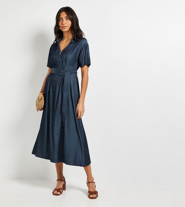 Solid Denim Look Zip Belted Midi Dress